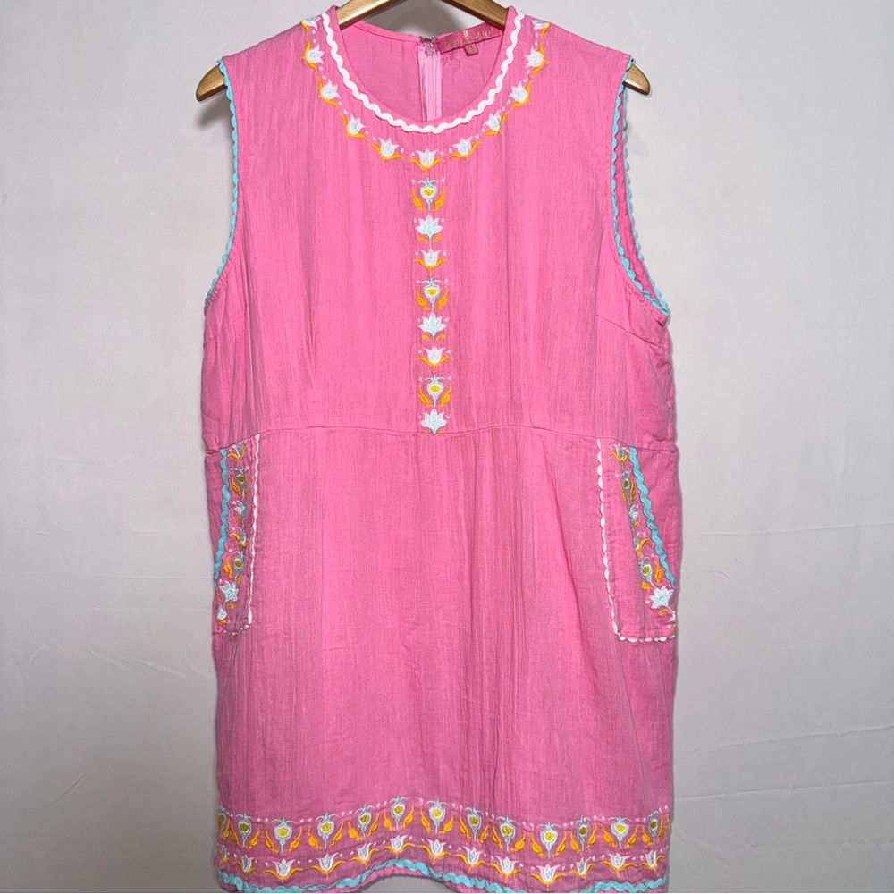 Simply Southern Pink Sleeveless  Embroidered Cotton Shift Dress XL Preppy